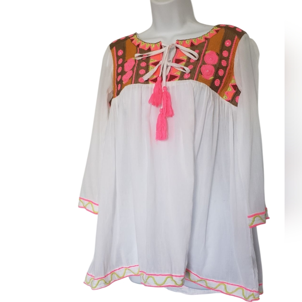 Embriodered Blouse Top Colorful Design Bohemian Sz S/M South Main Sheer White